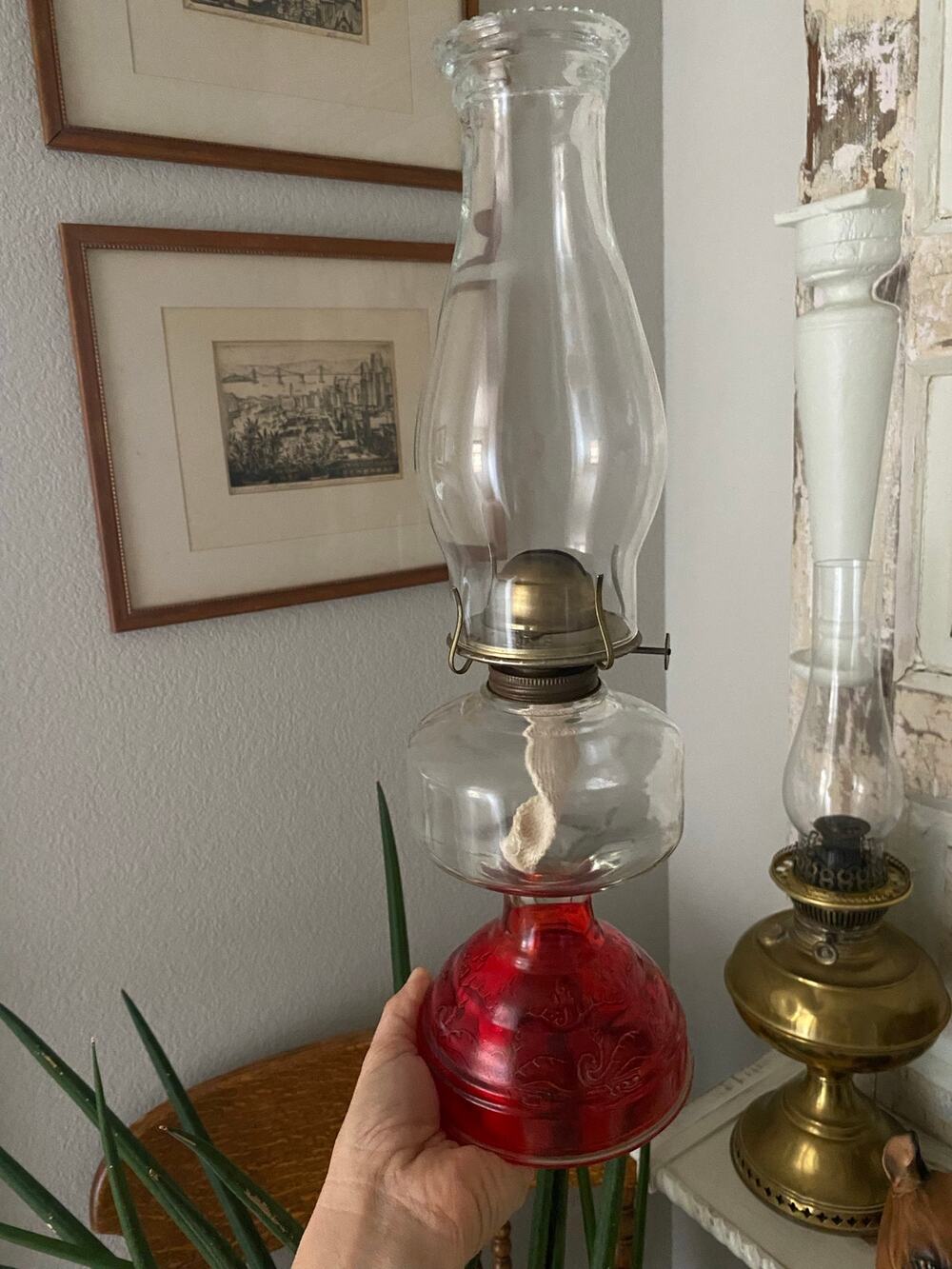 Vintage Small Red Glass Oil Lamp Embossed Red Glass Eagle Burner New Wick